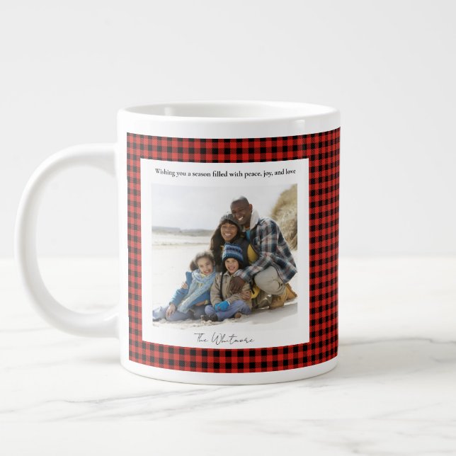 Caneca De Café Grande Natal Rústico Cute Xadrez Vermelho Monograma 2 Fot (Esquerda)