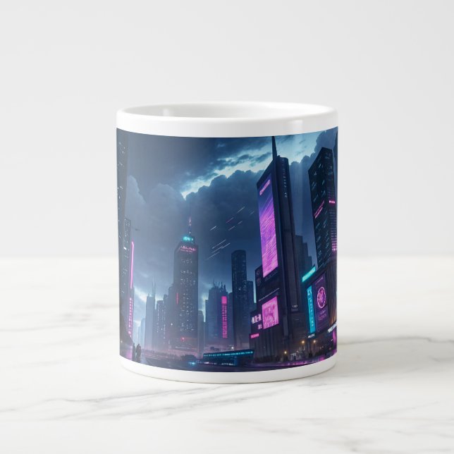 Caneca De Café Grande Neon Cyber City Mug - Mergulhe no Futuro! (Frente)