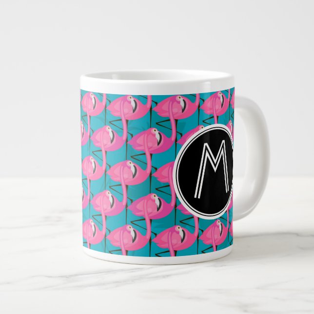 Caneca De Café Grande Neon Flamingos| Adicione Seu Inicial (Frente Esquerda)