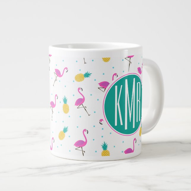Caneca De Café Grande Neon Flamingos| Monograma (Frente Esquerda)