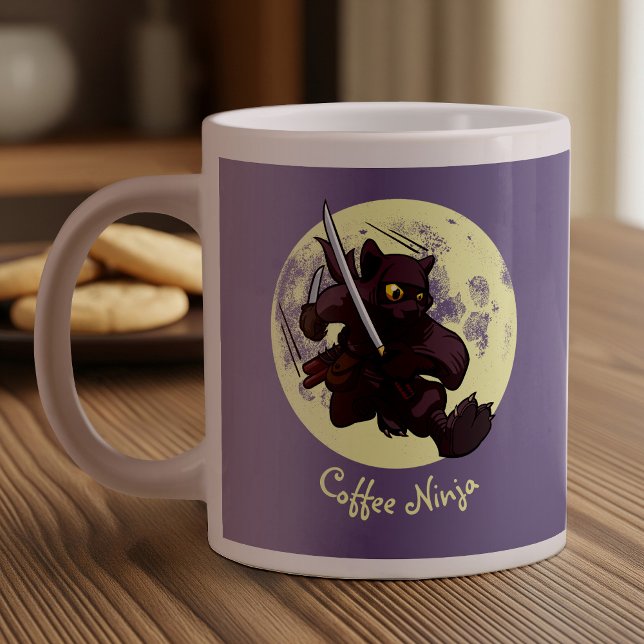Caneca De Café Grande Ninja Katana Espadas Voando Chuto Negro Gato Preto (Criador carregado)