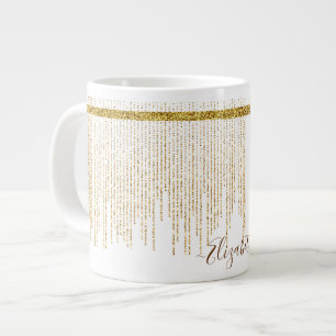 Caneca De Café Grande Nome do Monograma da Glitter Dourada Elegante