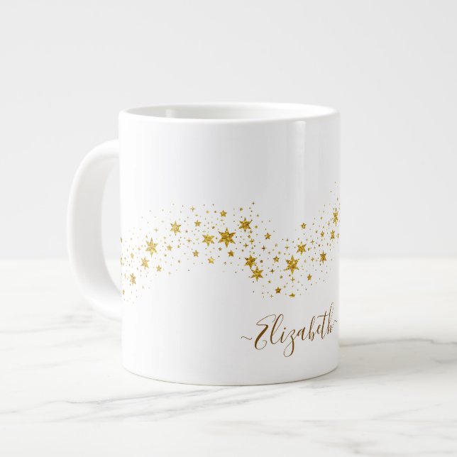 Caneca De Café Grande Nome do Monograma da Glitter Dourada Elegante (Frente Esquerda)