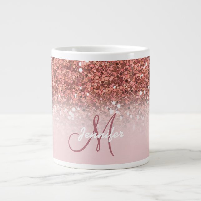 Caneca De Café Grande Nome do Monograma do Ombre de Glitter Dourado Rosa (Frente)