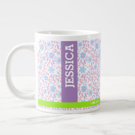 Caneca De Café Grande Nome e Monograma Personalizados Floral Roxo