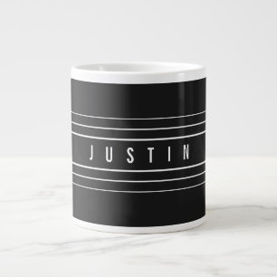 Caneca De Café Grande Nome Editável & Listras Geométricas Preto & Bran