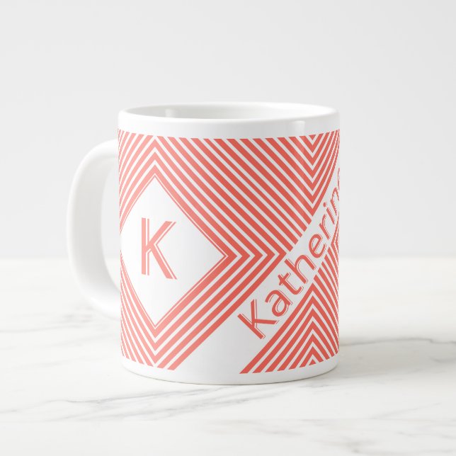Caneca De Café Grande Nome inicial | Coral Diagonal Funky/Stripes Branca (Frente Esquerda)