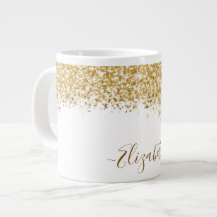 Caneca De Café Grande Nome Monograma Elegante com Brilho Dourado