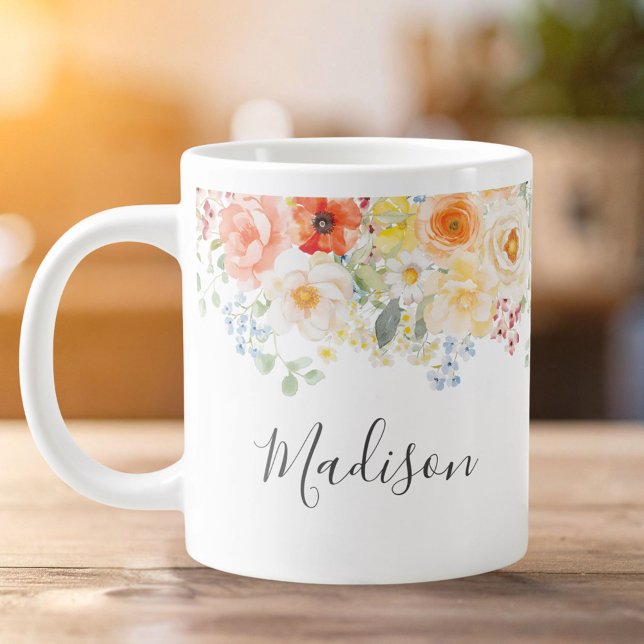 Caneca De Café Grande Nome Monograma Personalizado Aquarela Floral Ensol (Criador carregado)
