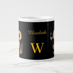 Caneca De Café Grande Nome Personalizado Boho Floral Girassol Negro