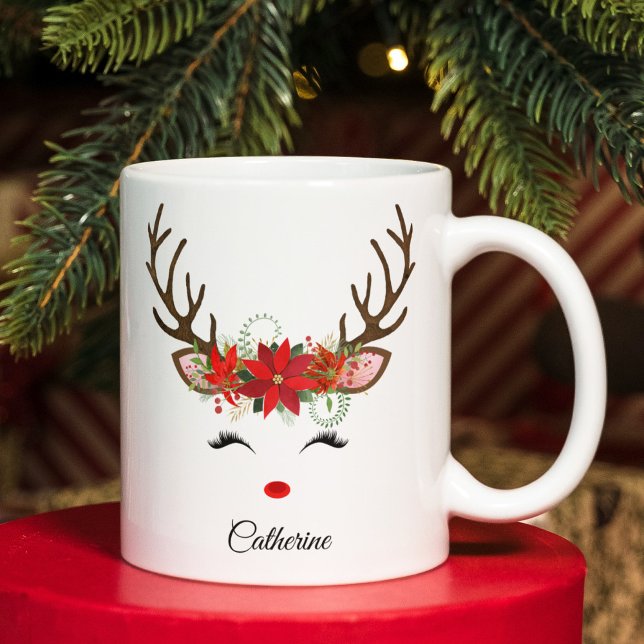 Caneca De Café Grande Nome Personalizado da Reinador de Natal Floral (Criador carregado)