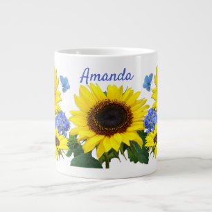 Caneca De Café Grande Nome Personalizado de Girassol e Hydrangea