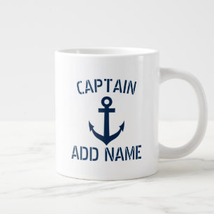 Caneca De Café Grande Nome personalizado do capitão do navio e âncora 