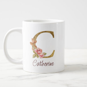 Caneca De Café Grande Nome Personalizado Folha de Ouro Rosa Bege Flores 