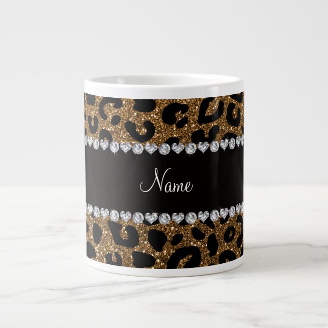 Caneca De Café Grande Nome personalizado glitter impressão cheetah (Frente)