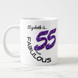Caneca De Café Grande Nome Personalizado Glitter Roxo 55 Anos Aniversári