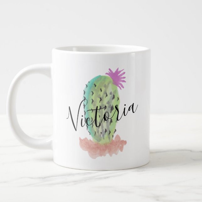 Caneca De Café Grande Nome Pintado da Mão de Aquarela Cactus (Esquerda)