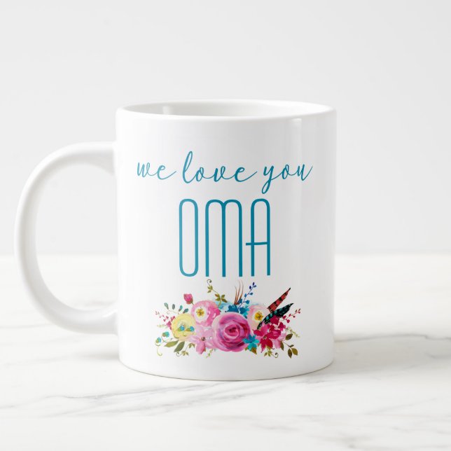 Caneca De Café Grande Nós Te Amamos, Oma Teal Rosa Floral (Esquerda)
