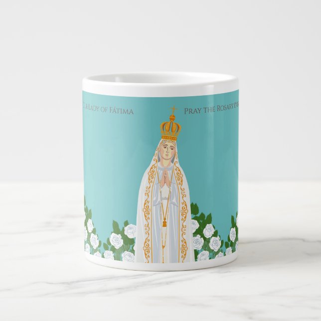 Caneca De Café Grande Nossa Senhora da Fátima e rosas brancas (Frente)