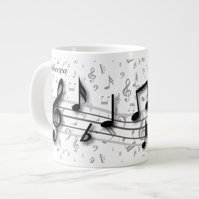 Caneca De Café Grande Notas musicais de preto e cinza personalizadas (Frente Esquerda)