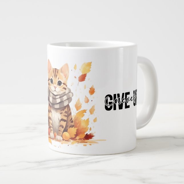 Caneca De Café Grande Nunca desista do Gato Bengala Cute em Queda (Frente Esquerda)