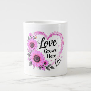 Caneca De Café Grande O Amor Cresce Aqui Girassol Rosa Floral Coração