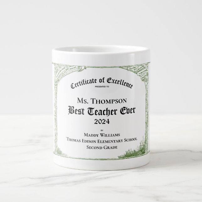 Caneca De Café Grande O melhor professor certificado de excelência (Frente)