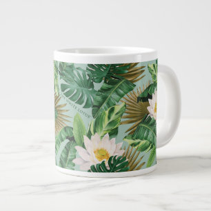 Caneca De Café Grande O padrão tropical de copia do Lotus branco