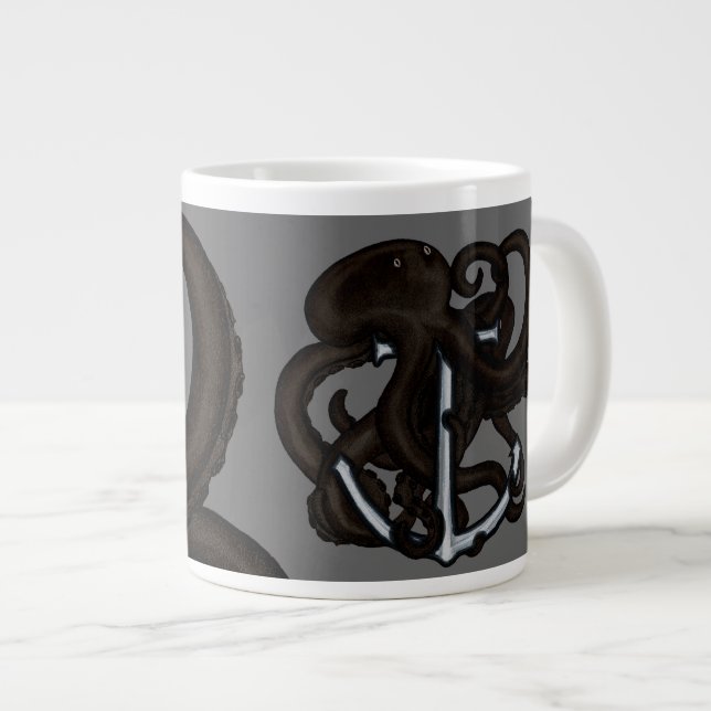 Caneca De Café Grande Octopus Negro Sobre Âncora (Frente Esquerda)
