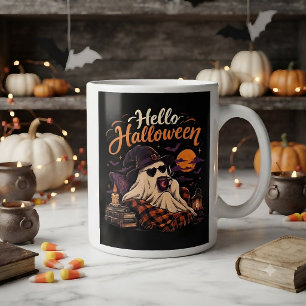 Caneca De Café Grande Olá Halloween Fantasma Fofo Bebendo Café