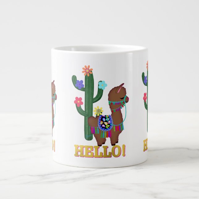 Caneca De Café Grande Olá, Llama! | Gama Castanho (Frente)