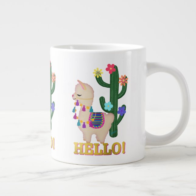 Caneca De Café Grande OLÁ LLAMA! Lama e Cactus lindos (Direita)