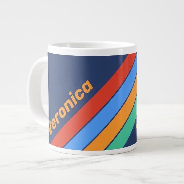 Caneca De Café Grande Old School Retro Rainbow Stripes with Name (Frente Esquerda)