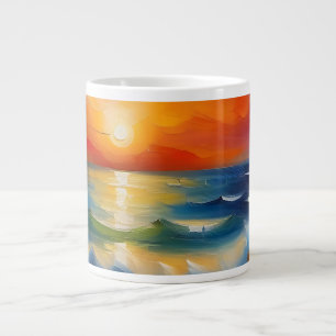 Caneca De Café Grande Óleo Pintura do pôr do sol laranja sobre o oceano