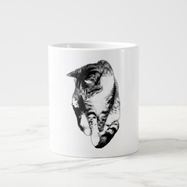 Caneca De Café Grande Olhando Para Baixo, Gato Monocromático (Frente)
