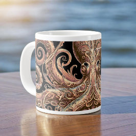 Caneca De Café Grande Ornamentado de polvo Kraken Steampunk Dourado e pr