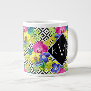 Caneca De Café Grande Orquídea Begonia E Folhas De Palma  Monograma