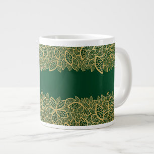Caneca De Café Grande Ouro de folhas sobre fundo verde