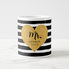 Caneca De Café Grande Ouro Elegante Recem casados Black Stripes