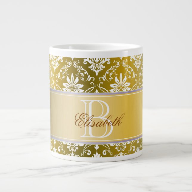 Caneca De Café Grande Ouro Monograma - Damasco Amarelo e Branco (Frente)