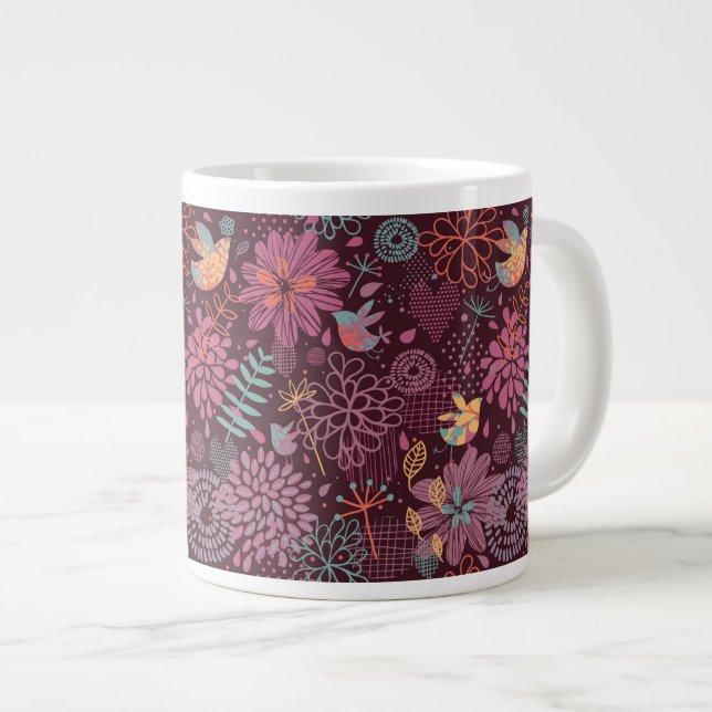 Caneca De Café Grande padrão Abstrato floral com aves (Frente Esquerda)