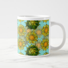 Caneca De Café Grande Padrão Amarelo de Girassóis com Folhagem e Buds