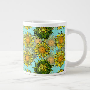 Caneca De Café Grande Padrão Amarelo de Girassóis com Folhagem e Buds