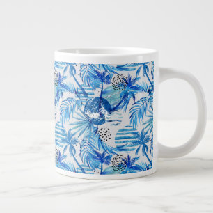 Caneca De Café Grande Padrão Azul Brilhante de Aquarela Tropical