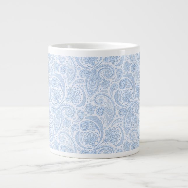 Caneca De Café Grande Padrão azul esbranquiçado de paisley (Frente)