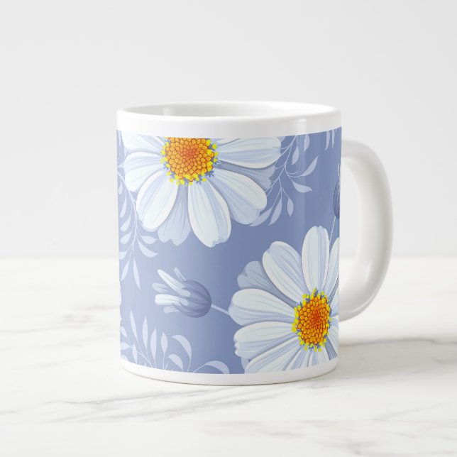 Caneca De Café Grande Padrão Azul Primavera de Flor Branco (Frente Esquerda)