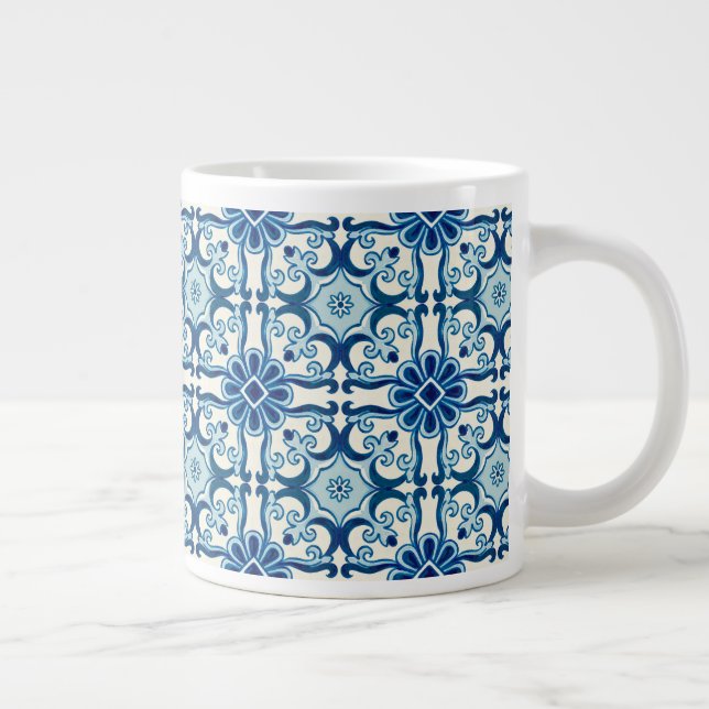 Caneca De Café Grande Padrão Azulejos Azul de Azulejo Floral (Direita)