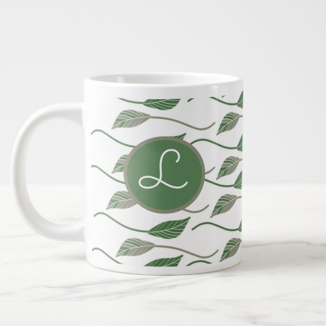 Caneca De Café Grande Padrão Botânico Folha Verde Desenho Mão (Esquerda)