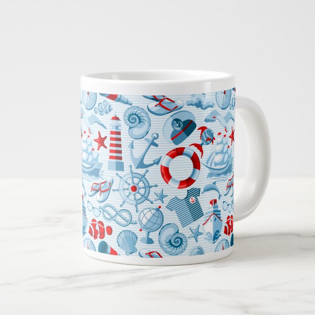 Caneca De Café Grande Padrão Branco E Azul Náutico (Frente Esquerda)