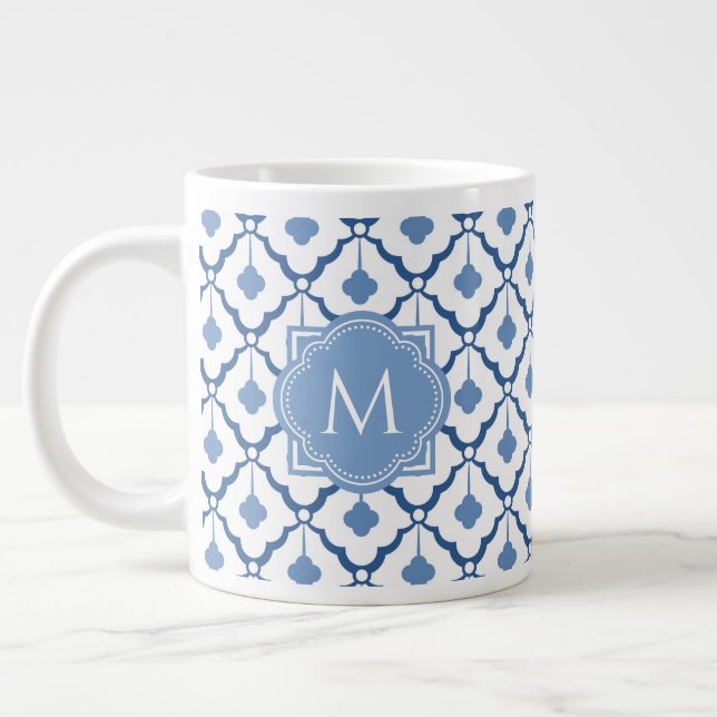 Caneca De Café Grande Padrão cerâmico chinês azul com monograma (Esquerda)